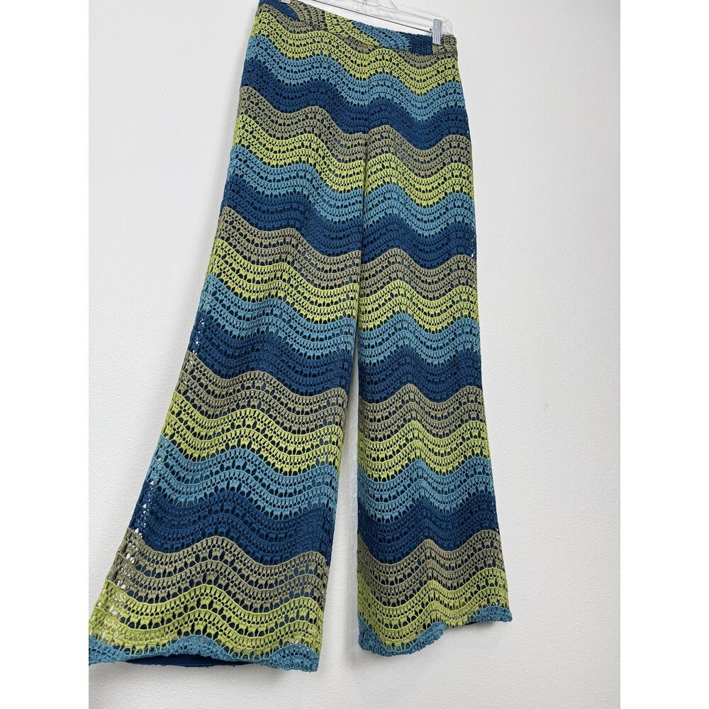 Trina Turk Resort Crochet Pants Womens 4 Blue Green Stripe Wide Leg Lined